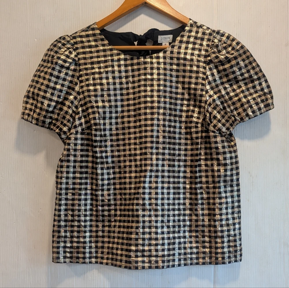 J. CREW Women's Black and Gold Gingham Blouse Holiday Size Medium - Picture 10 of 10